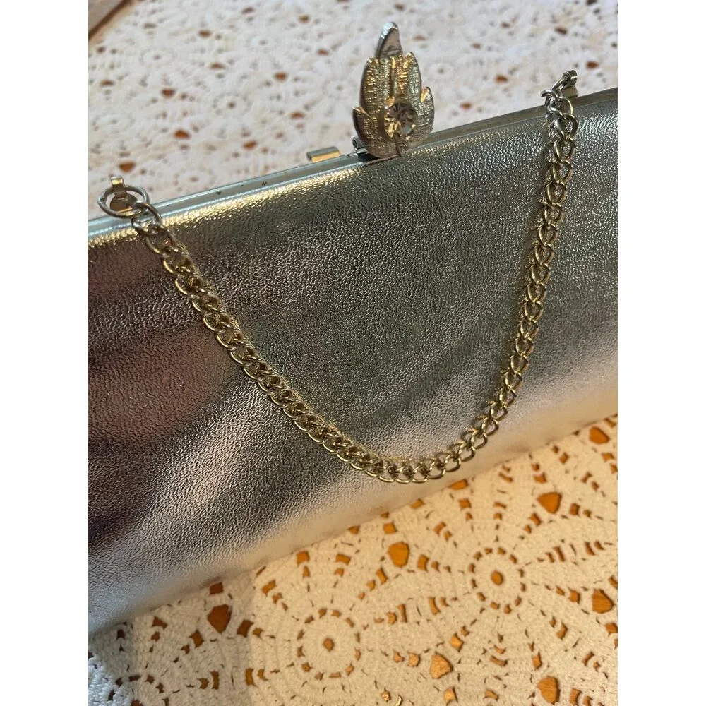 Vintage 60s Silver Metallic Clutch Bag Rhinestone Kiss Lock Leaf Closure Formal